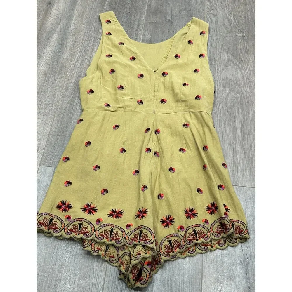 Free People Womens Green Sleeveless Margarita Embroidered Romper Jumpsuit Size 2